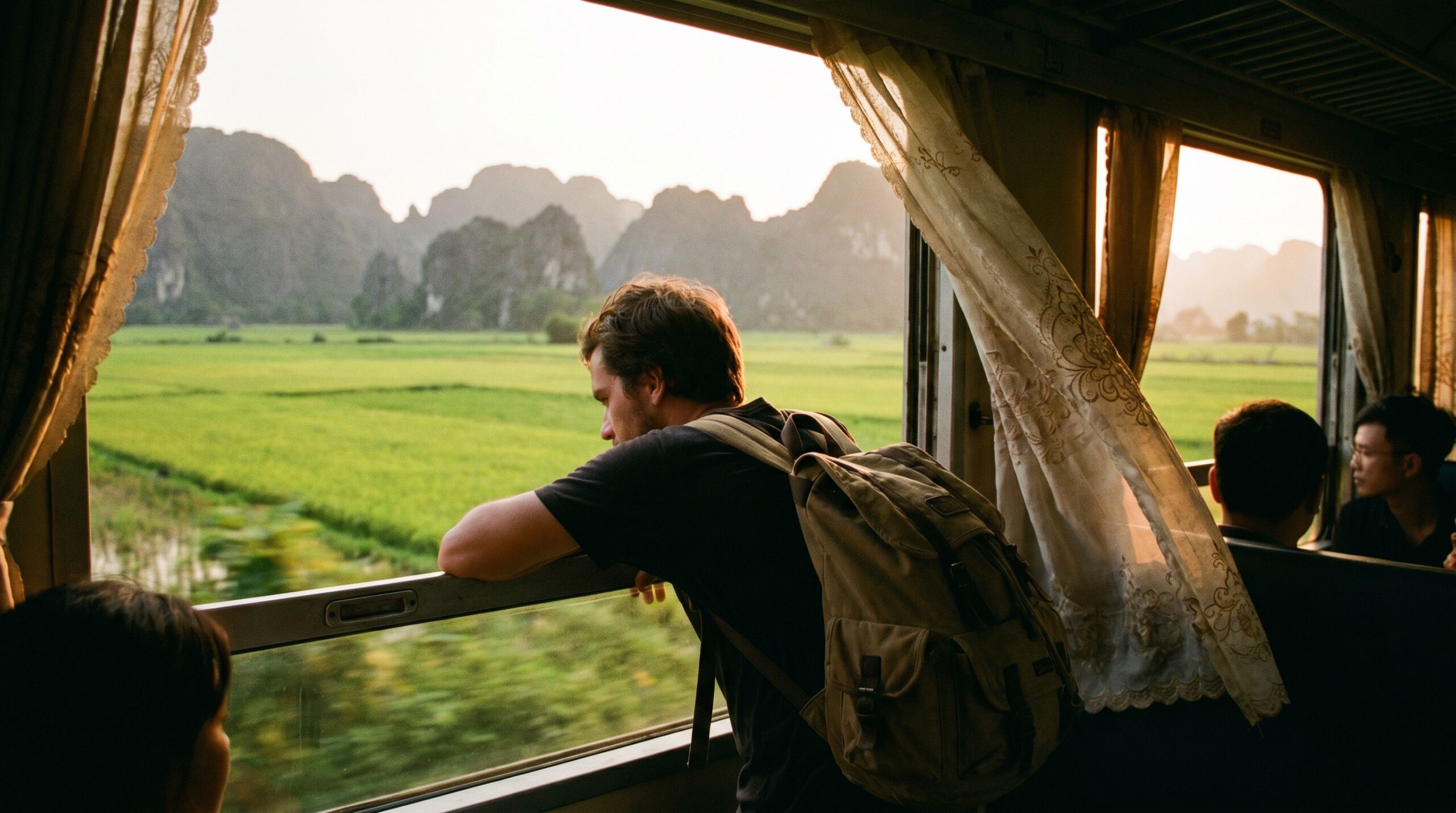 Traveler at a train window passing rice paddies in Vietnam