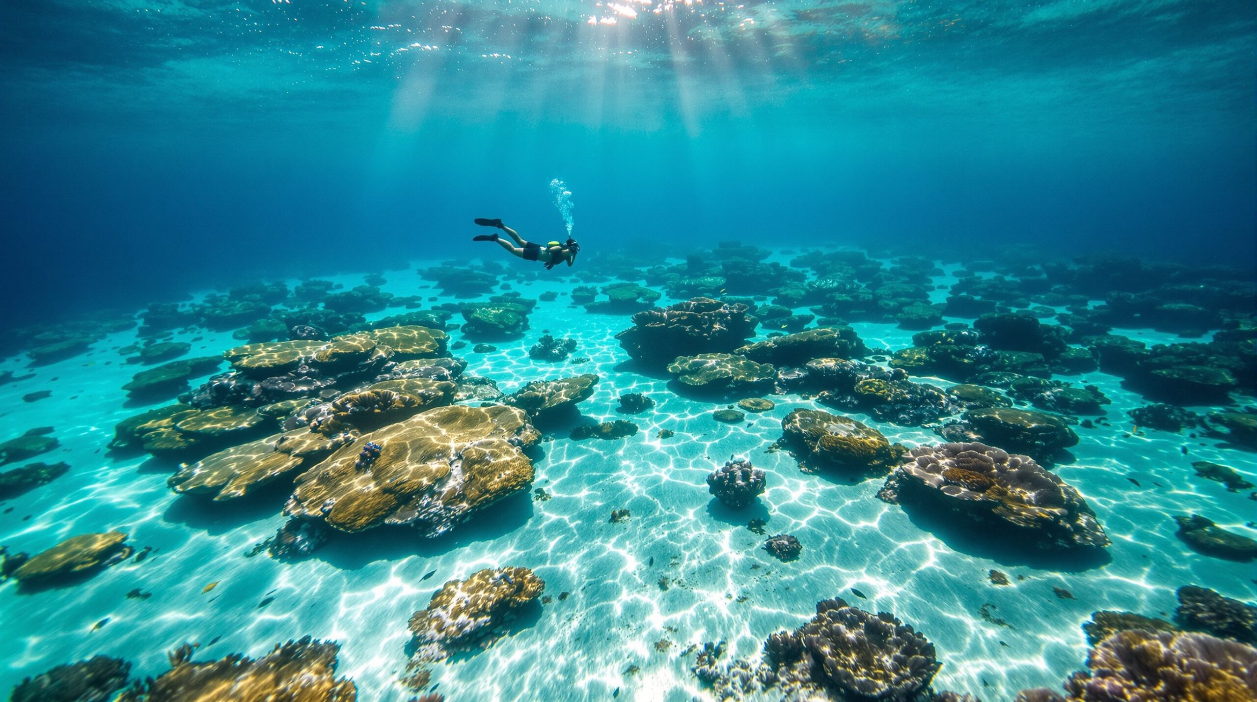 Snorkeler over reef with scattered coral in Phu Quoc An Thoi islands