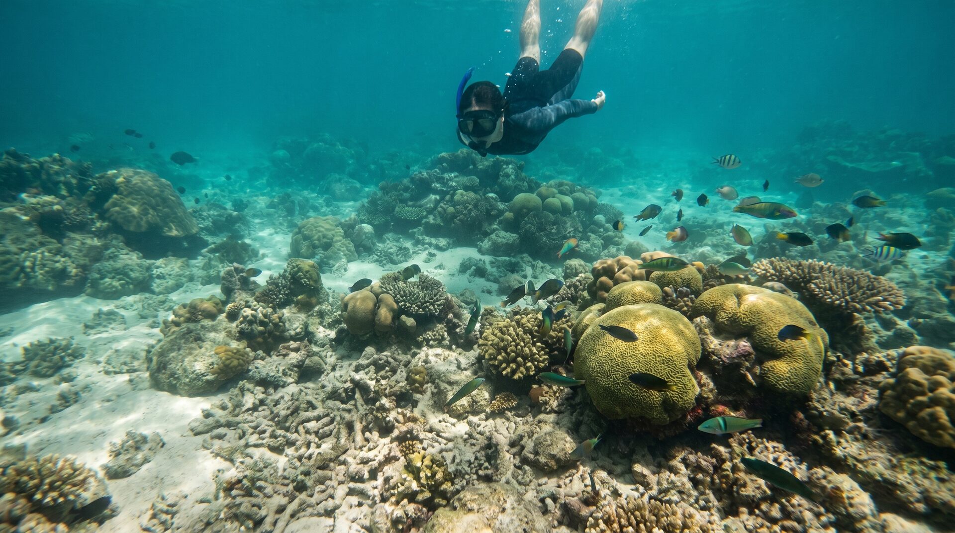 Snorkeler swimming over a reef with scattered coral in Phu Quoc