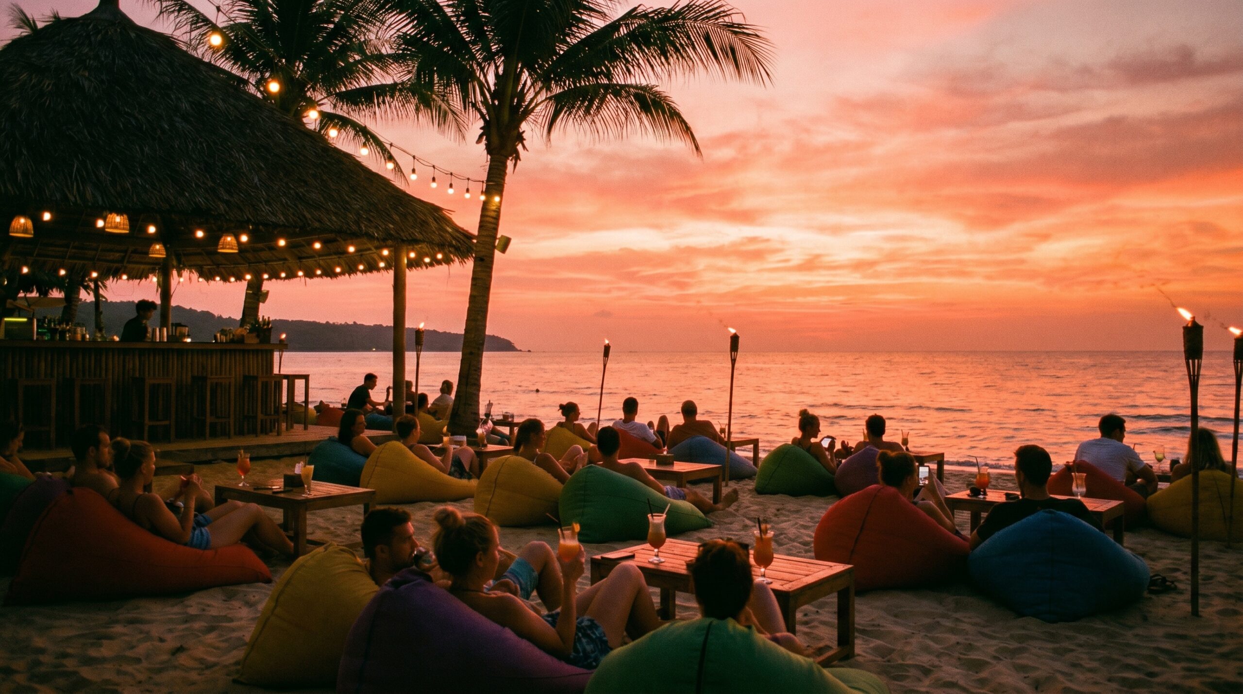 Bean bags and cocktails at a Phu Quoc beach bar during sunset