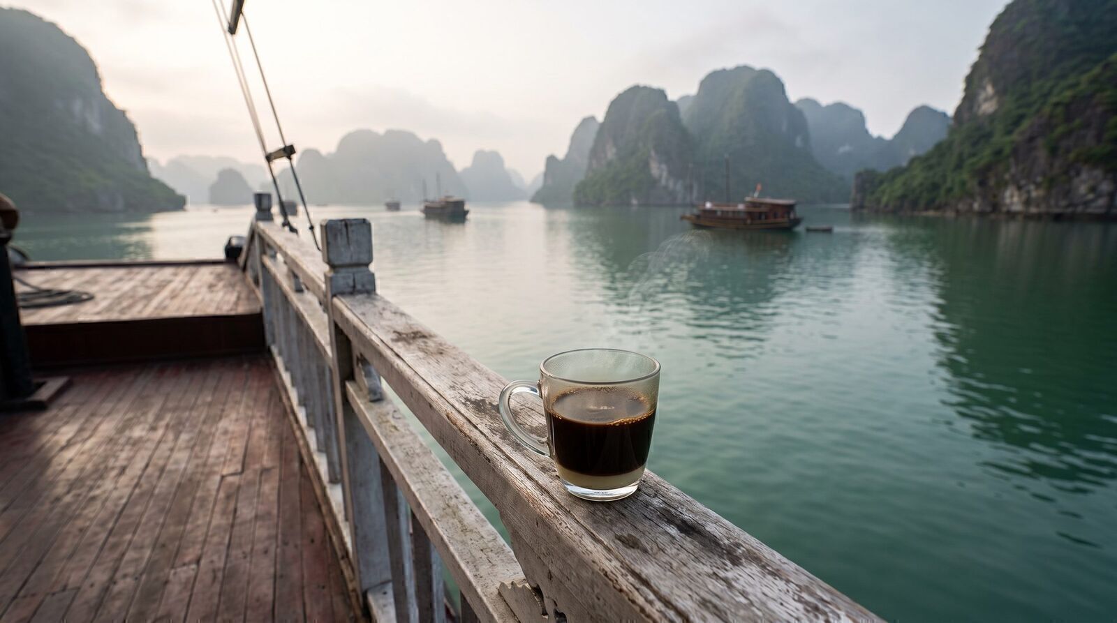 Morning view from a Ha Long Bay cruise boat deck with limestone karsts rising from calm water in soft mist