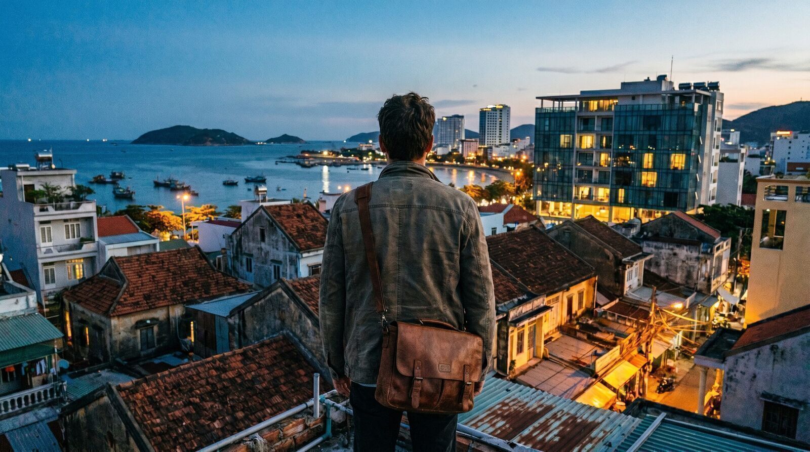 Traveler on rooftop terrace overlooking Vietnamese city at dusk