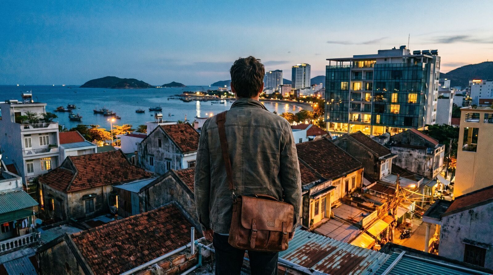 Traveler on a rooftop terrace overlooking a Vietnamese city at dusk