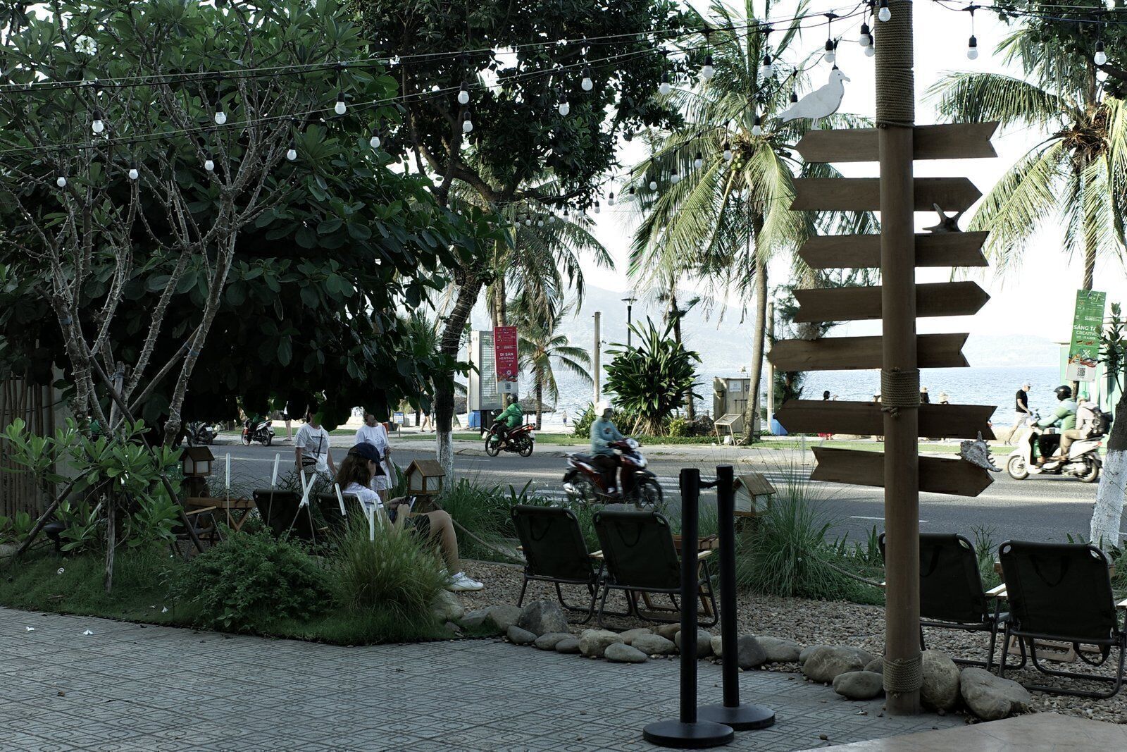 Seafront cafe garden with wooden signpost, string lights, palm trees and the sea across the road