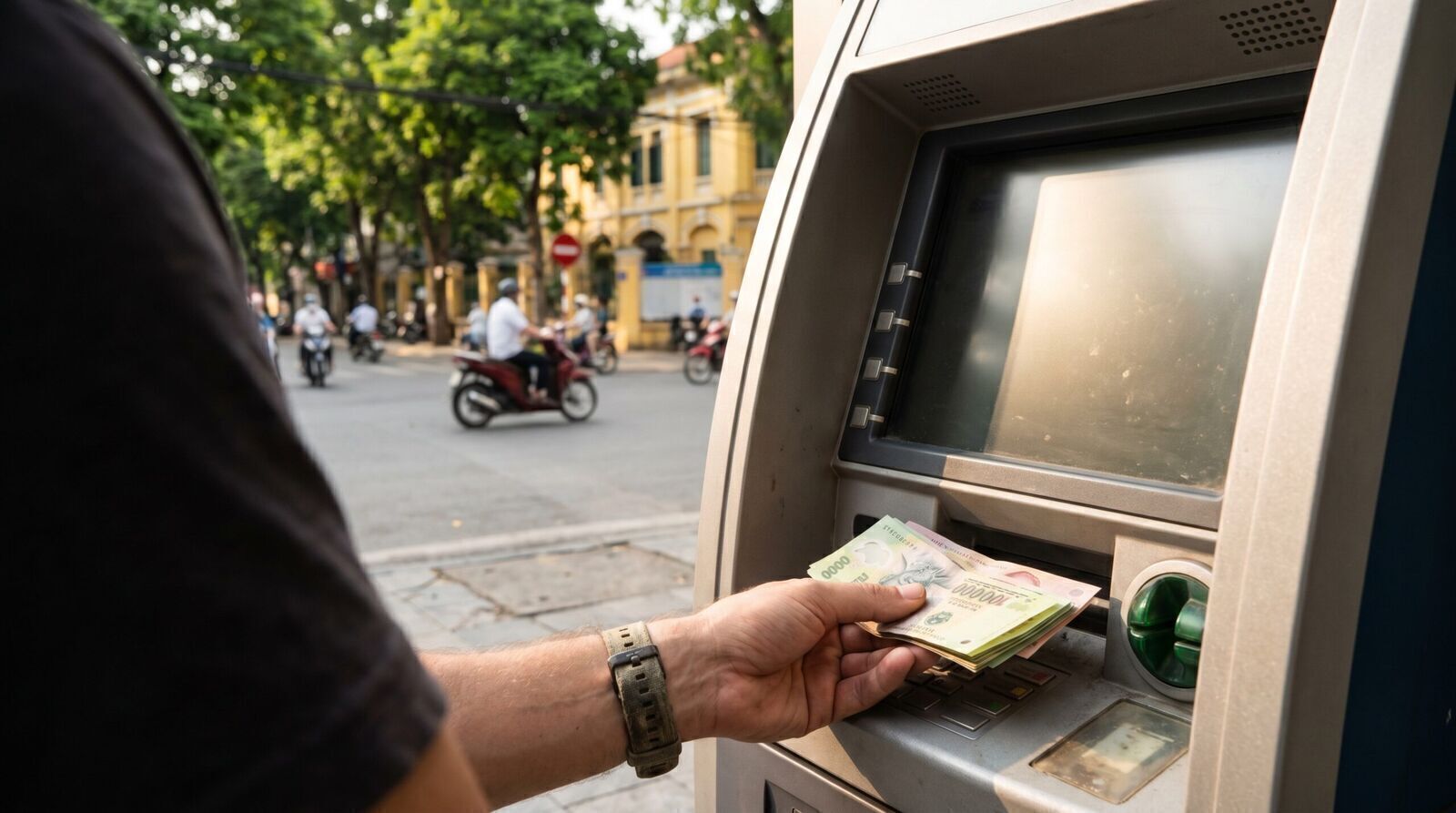 Traveler withdrawing Vietnamese dong from a bank ATM on a sunny street