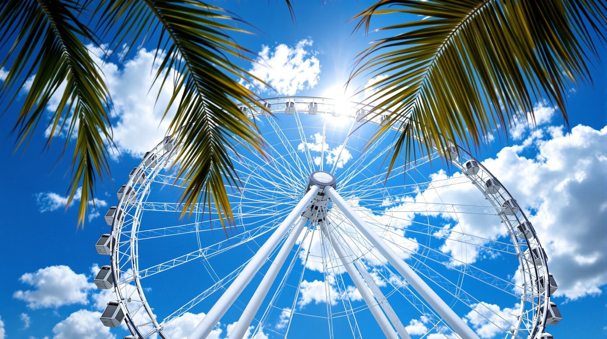White ferris wheel and palm leaves at VinWonders Phu Quoc