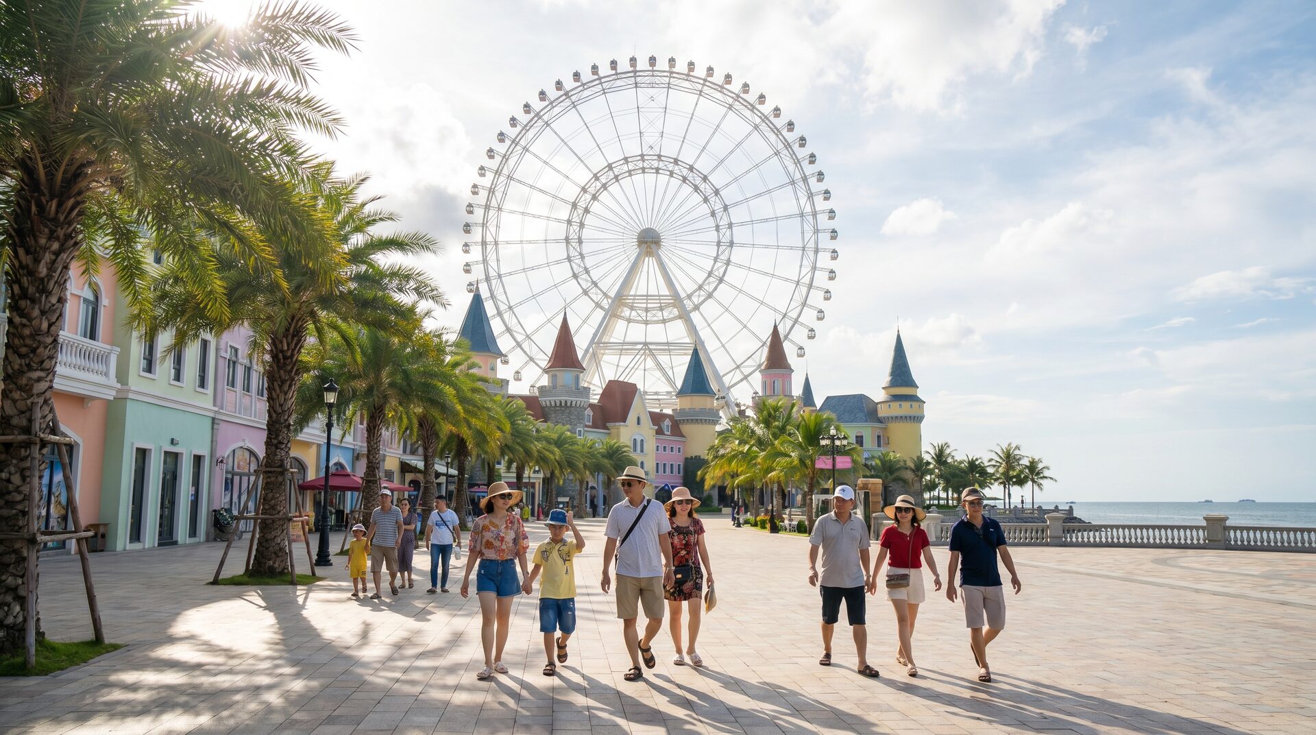 Giant white ferris wheel against blue sky framed by palm leaves at VinWonders Phu Quoc