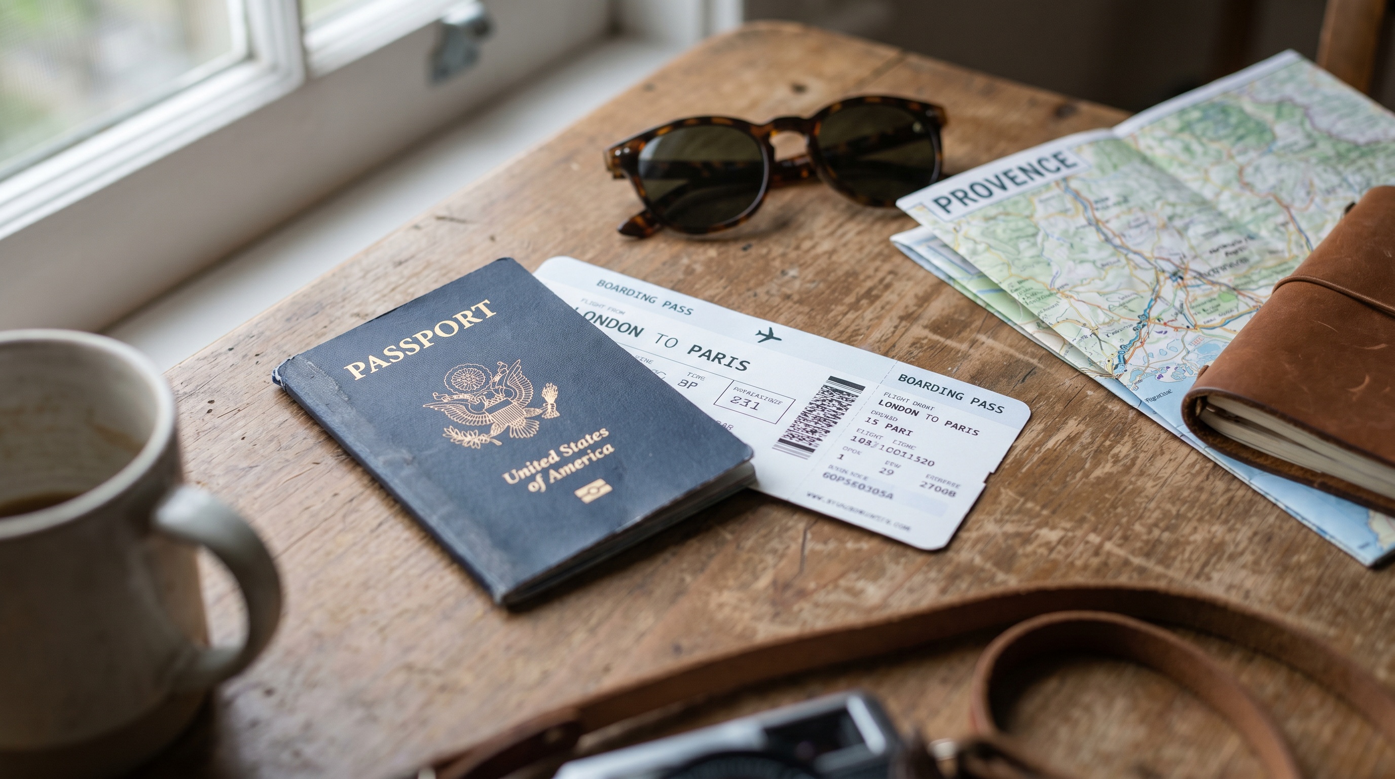 Passport and sunglasses on a table before a trip to Phu Quoc Vietnam