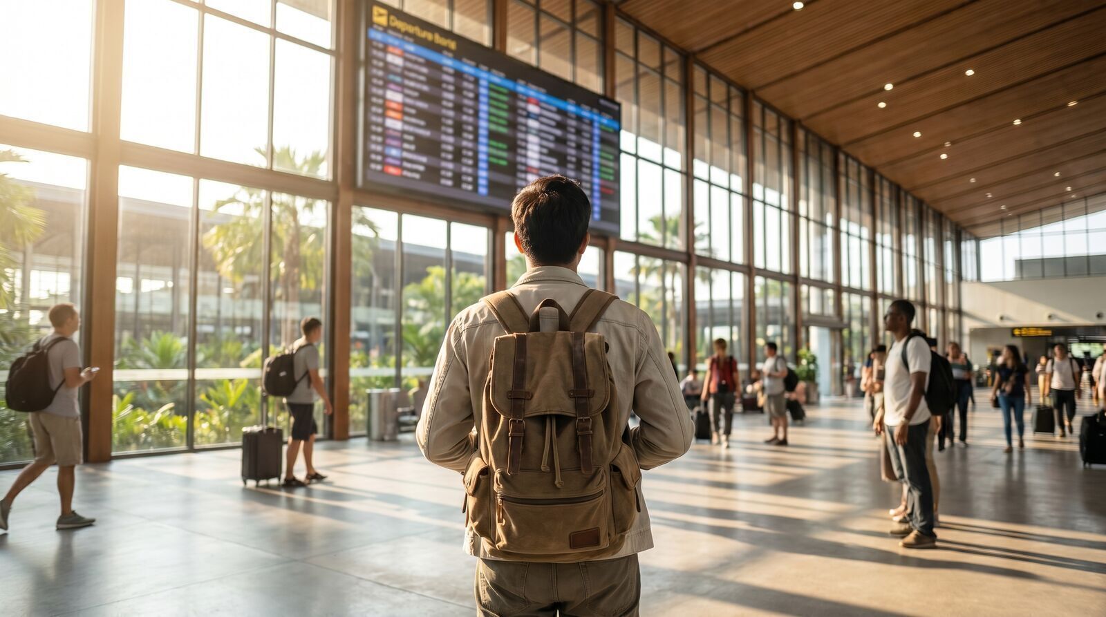 Traveler with a backpack at an airport departure board with Southeast Asian destinations