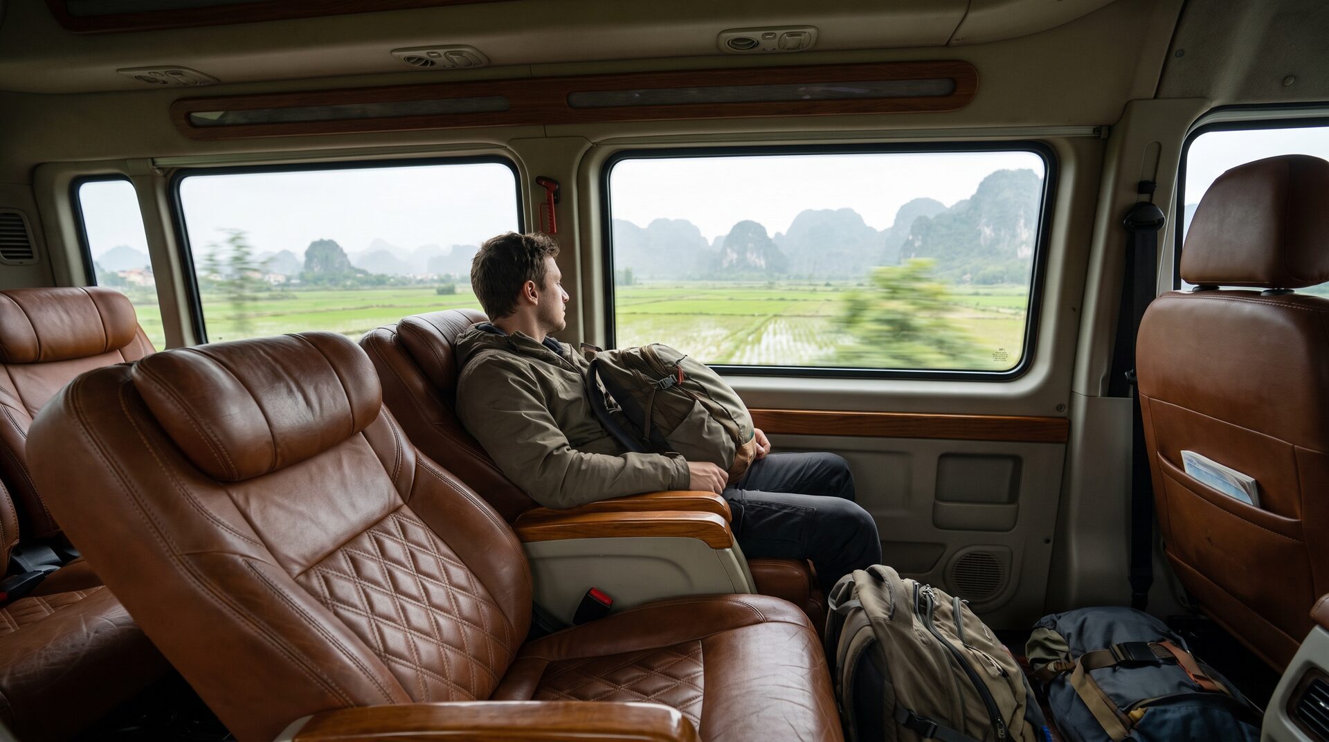Inside a Vietnamese limousine van with reclining seats, a traveler looking out at rice paddies and limestone hills