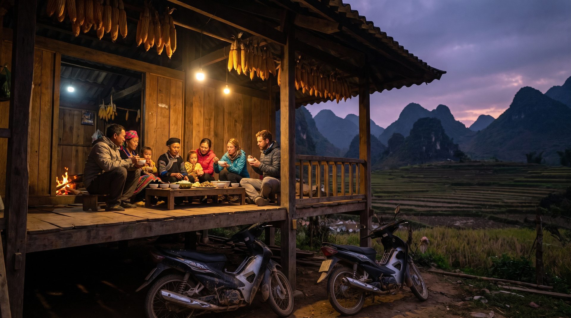 Evening dinner at a Hmong stilt house homestay on the Ha Giang loop with travelers and family around a low table, karst peaks behind