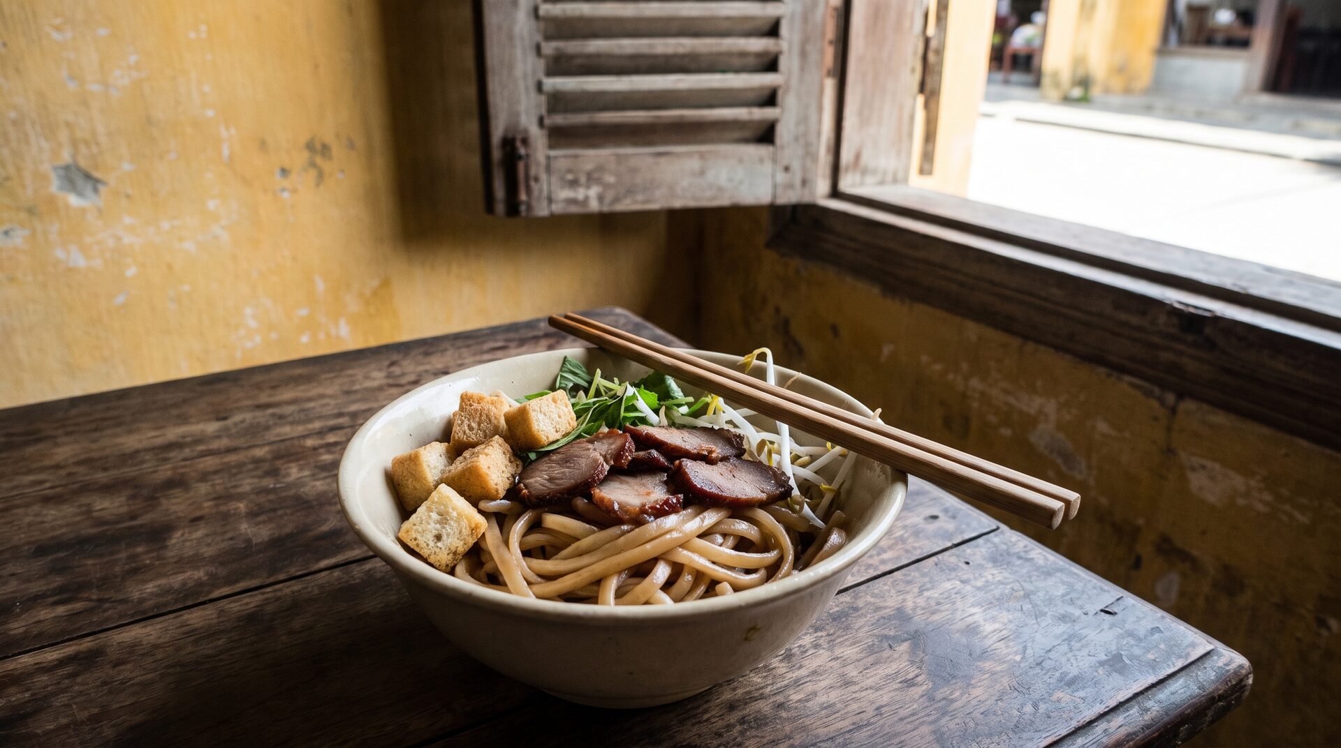 Bowl of cao lau noodles with pork and crispy croutons on a wooden table by an open shutter window in Hoi An