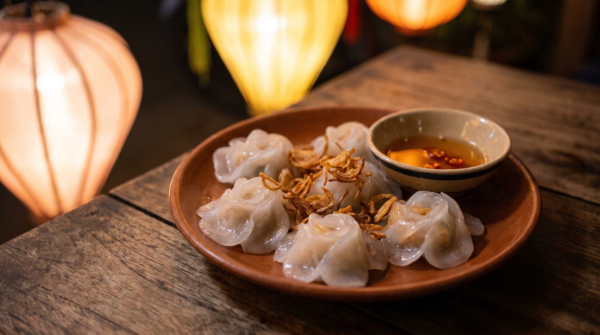 Plate of white rose dumplings in Hoi An - translucent shrimp dumplings topped with fried shallots and dipping sauce