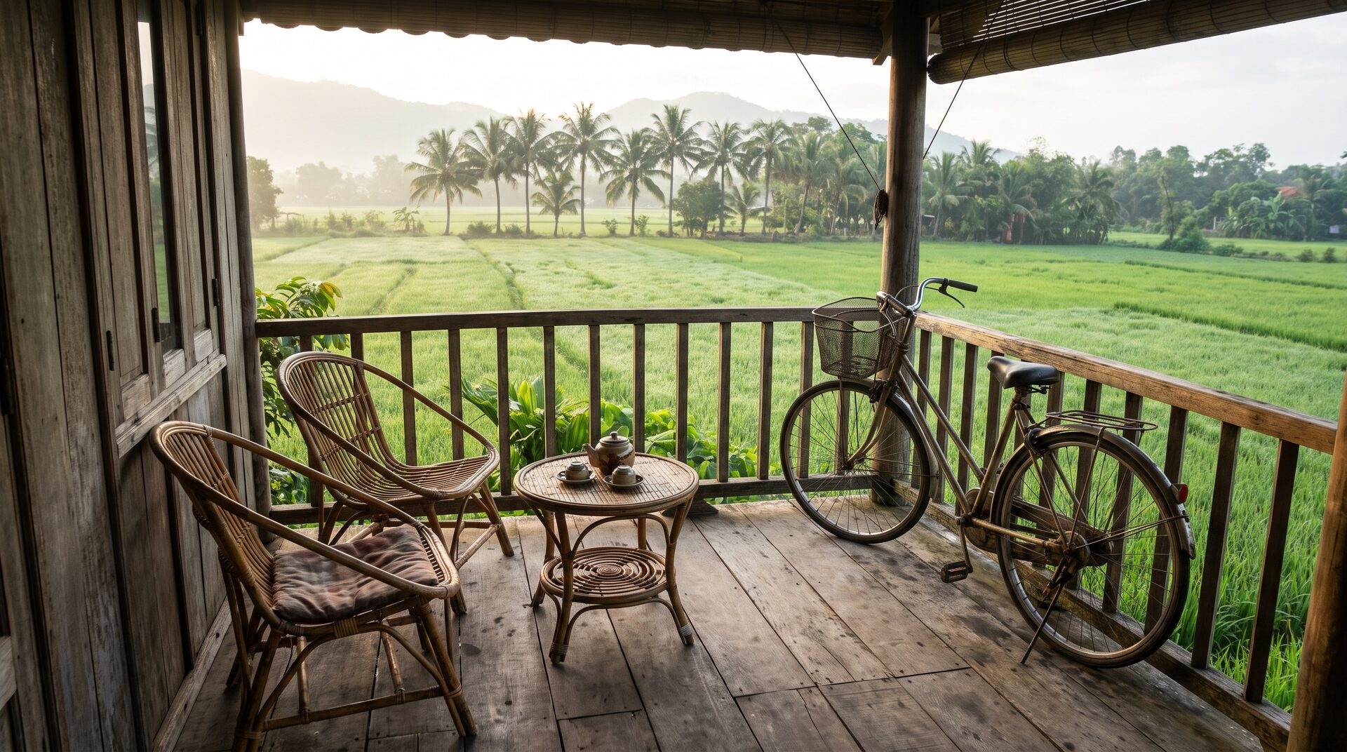 Wooden veranda of a rice paddy homestay near Hoi An with rattan chairs, a bicycle and green fields to the palms