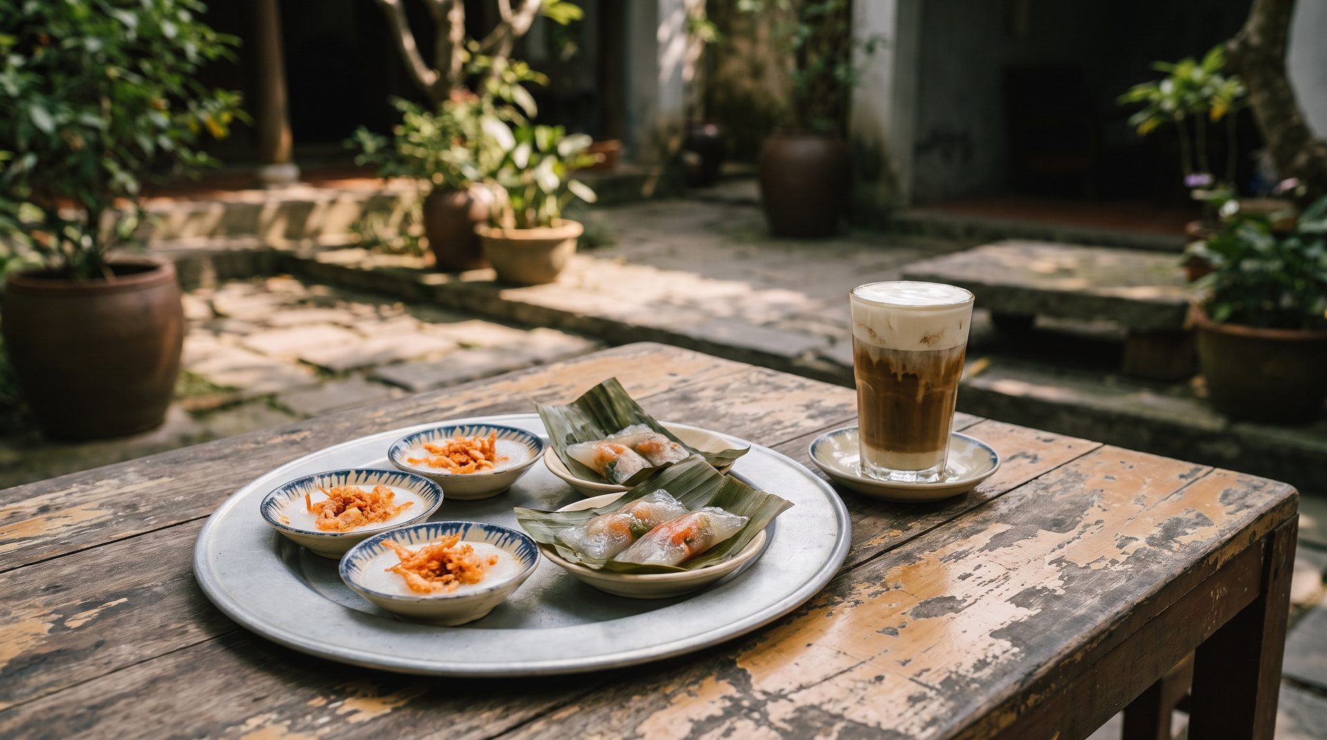 Tray of Hue royal bites - banh beo, banh nam and banh loc - with a glass of salt coffee on a garden cafe table