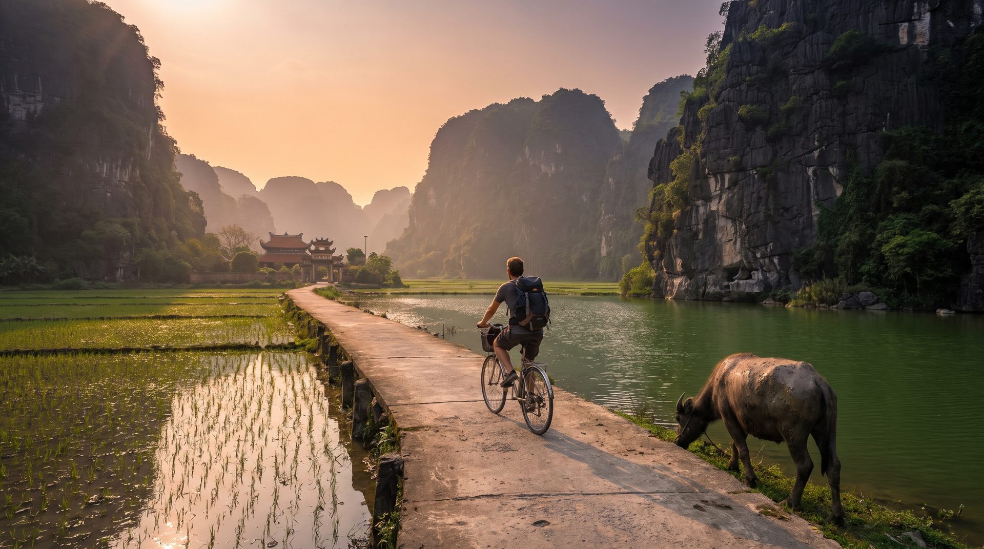 Traveler cycling a paddy lane toward Bich Dong pagoda at golden hour with limestone karsts and a water buffalo in Ninh Binh