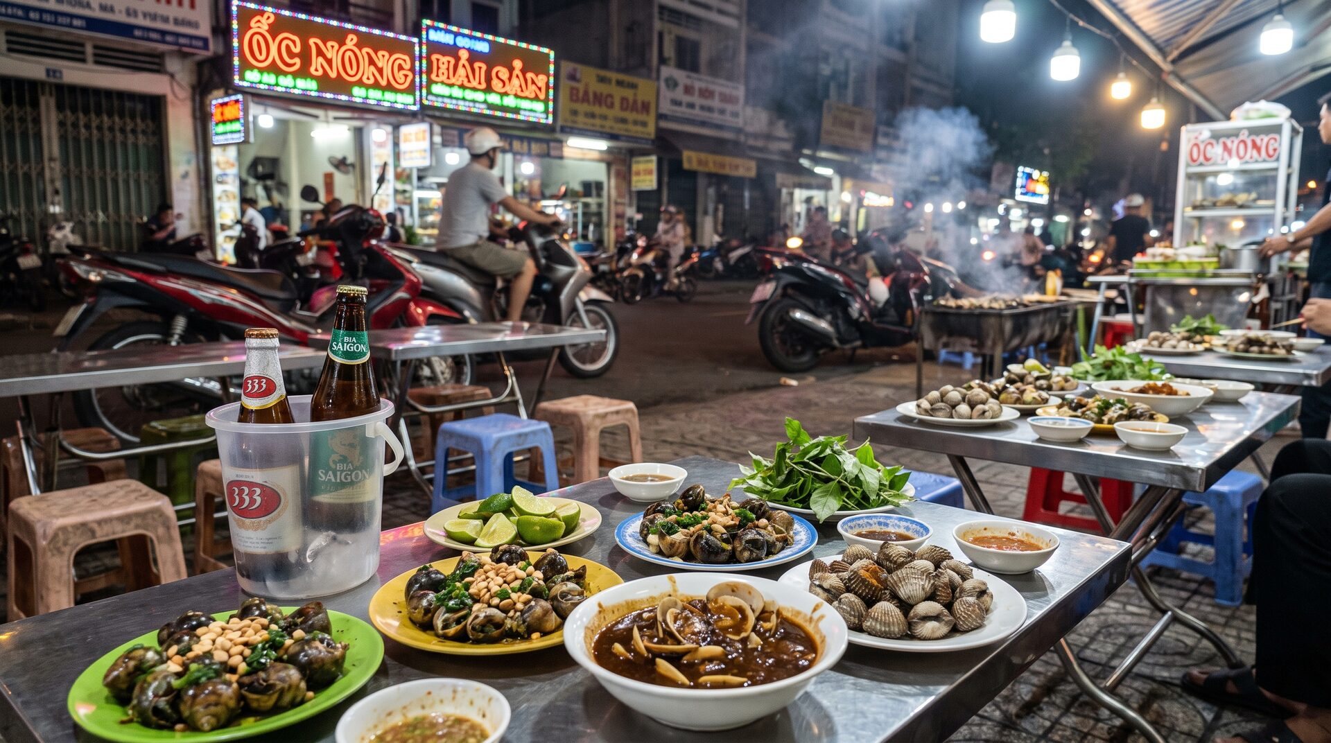 Sidewalk oc shellfish feast in Saigon at night - plates of grilled snails, clams in tamarind sauce and blood cockles with beer on ice