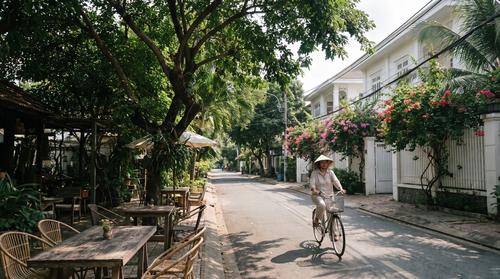 Leafy street in Thao Dien Saigon with a garden cafe terrace, tropical trees and a woman cycling past villas