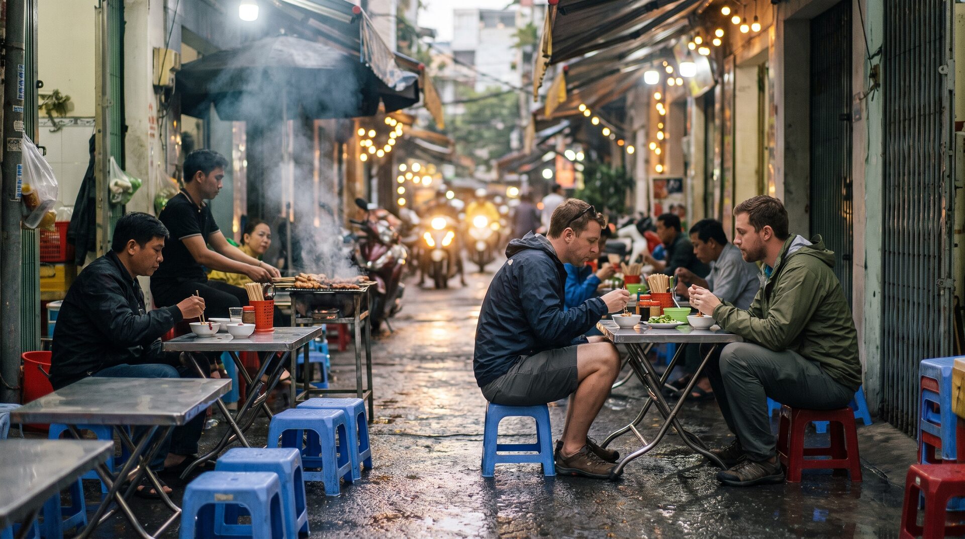 Evening street food alley in Saigon with travelers and locals eating on low plastic stools, grill smoke and scooter lights behind