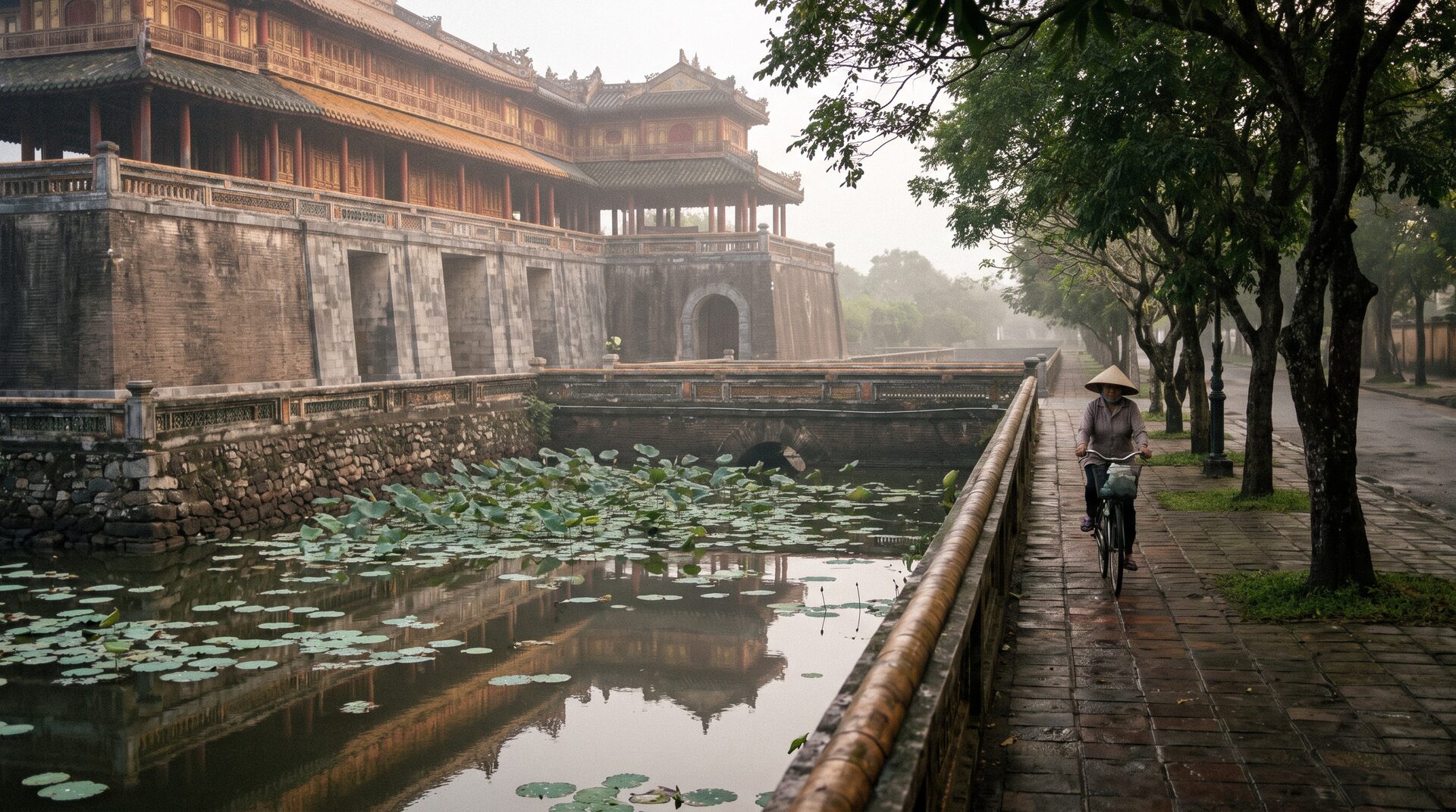 Meridian Gate of the Hue Imperial City reflected in the lotus moat on a misty morning with a cyclist passing