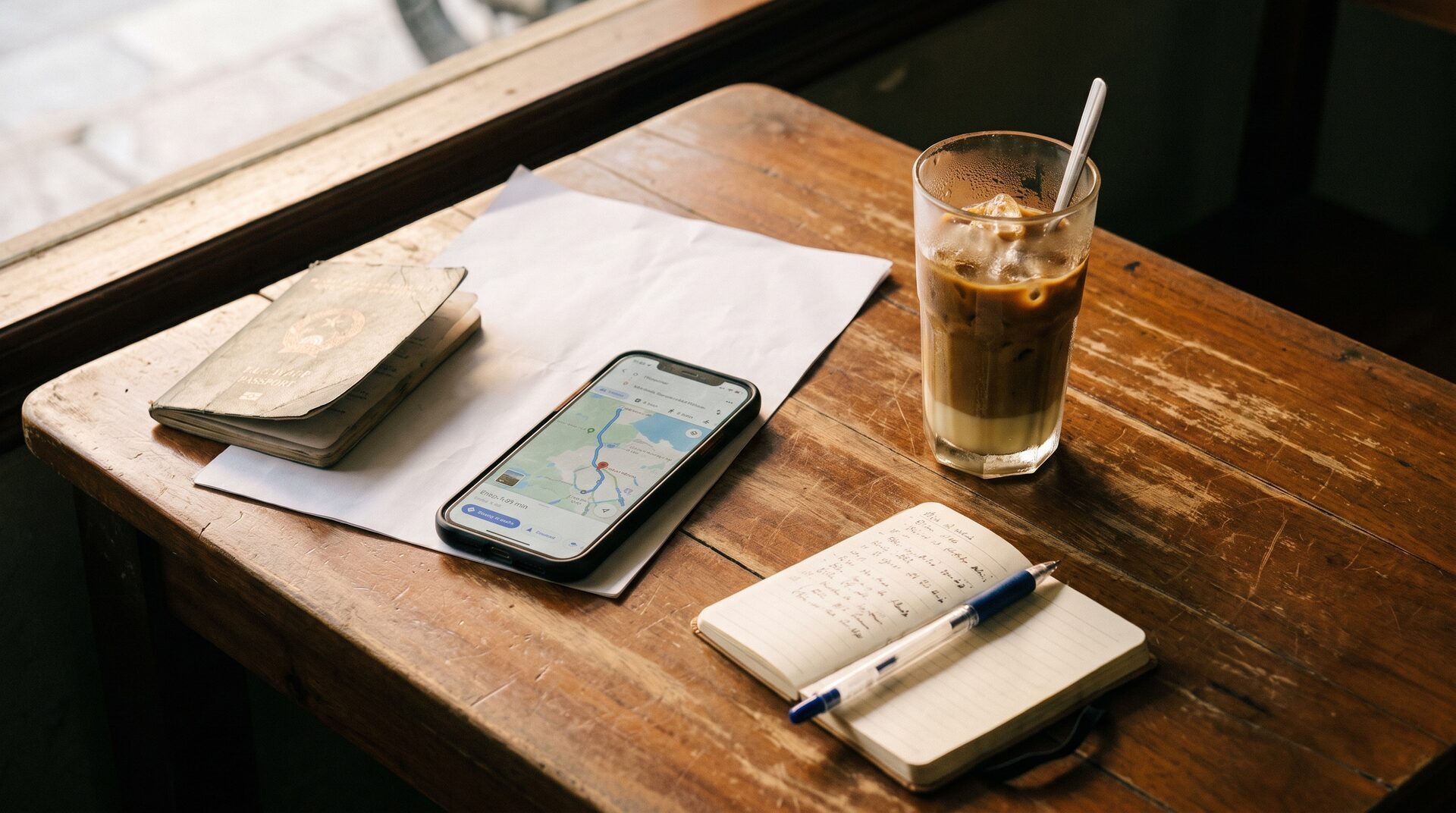 Passport, printed approval letter, phone and a Vietnamese iced coffee on a cafe table while planning a trip